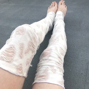 Calcetines blancos de momia para mujer, calentadores de piernas rotos, medias hasta el muslo, disfraz de novia zombi para Halloween, pantalones rotos, leggings con cortes - TRIXY XCHANGE