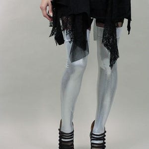 Black Spandex Leggings Holographic Leg Warmers Costume Knee Socks Rave Boot Covers Club Clothing Gogo Dancer Burlesque Wetlook TRIXY XCHANGE Silver