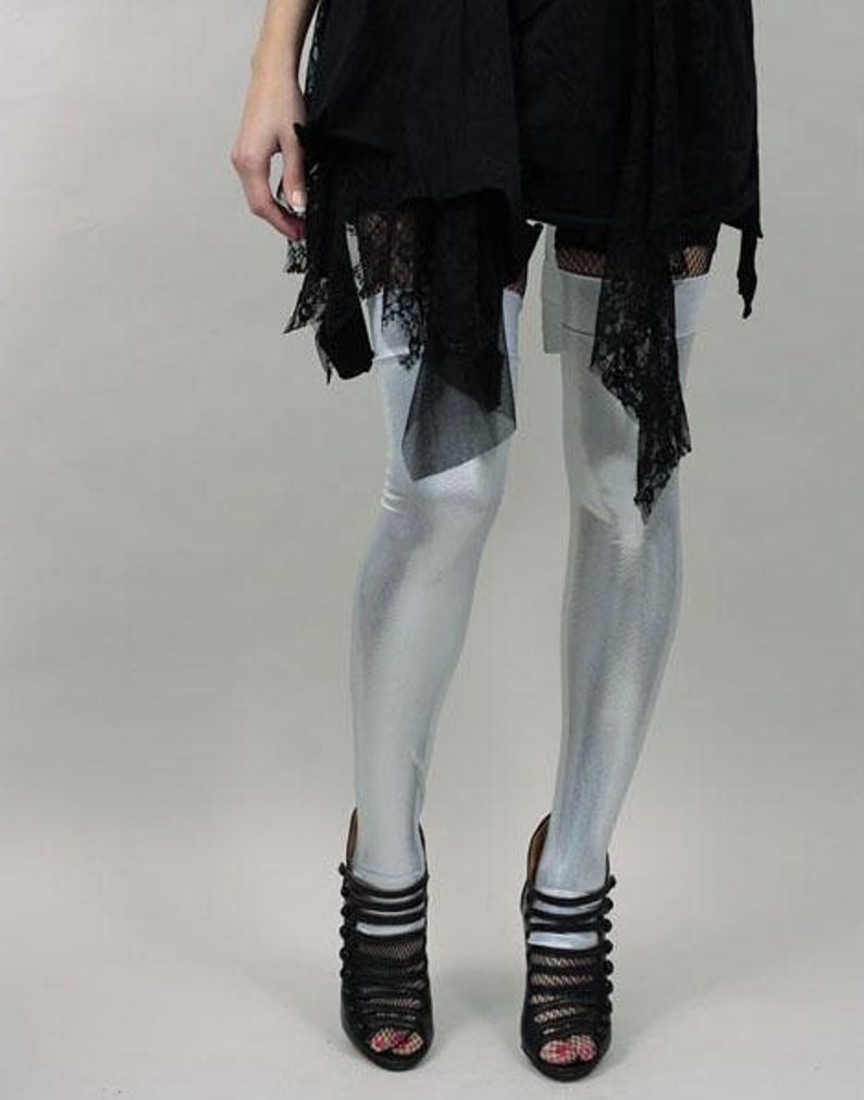 Black Spandex Leggings Holographic Leg Warmers Costume Knee Socks Rave Boot Covers Club Clothing Gogo Dancer Burlesque Wetlook TRIXY XCHANGE Silver
