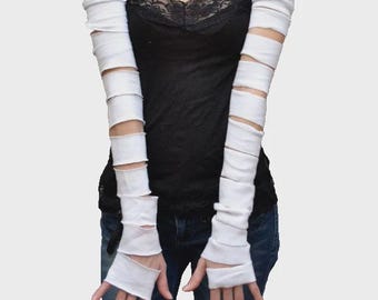 Womens Mummy Costume White Mummy Gloves Handmade Cosplay Outfit Mens Ripped Covers Cut Out Sleeves Plus Size Arm Warmers Cyber TRIXY XCHANGE