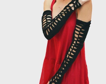 Black Long Arm Warmers Ripped Clothing Women Fishnet Arm Warmers Lace Up Arm Sleeves Corset Fingerless Gloves Cyber Goth New - TRIXY XCHANGE