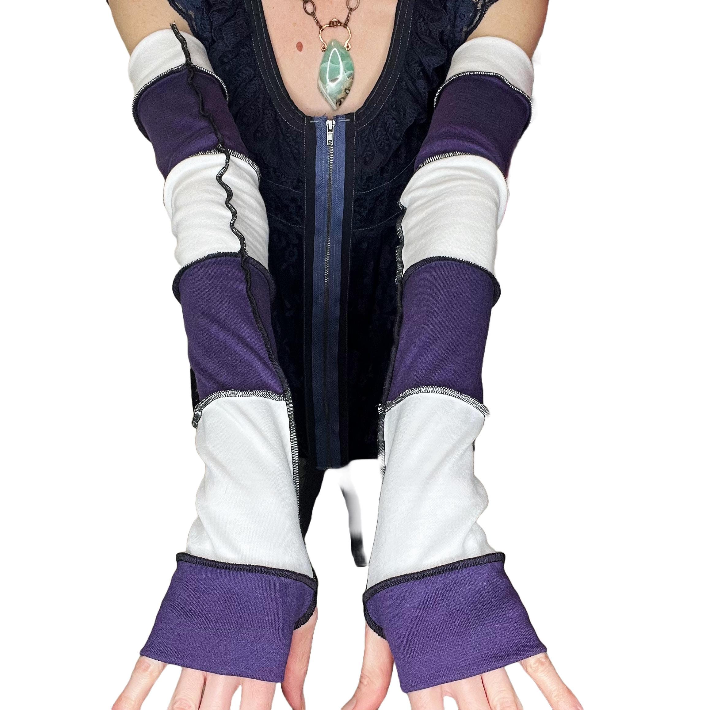 Long Striped Gloves Purple Hand Warmers White Armwarmers Patchwork