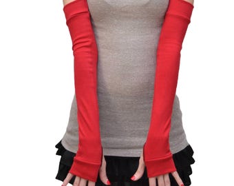 Long Red Arm Warmers Red Fingerless Gloves Cotton Red Arm Covers Red Armwarmers Warm Winter Gloves Elbow Length Gloves Sleeves TRIXY XCHANGE