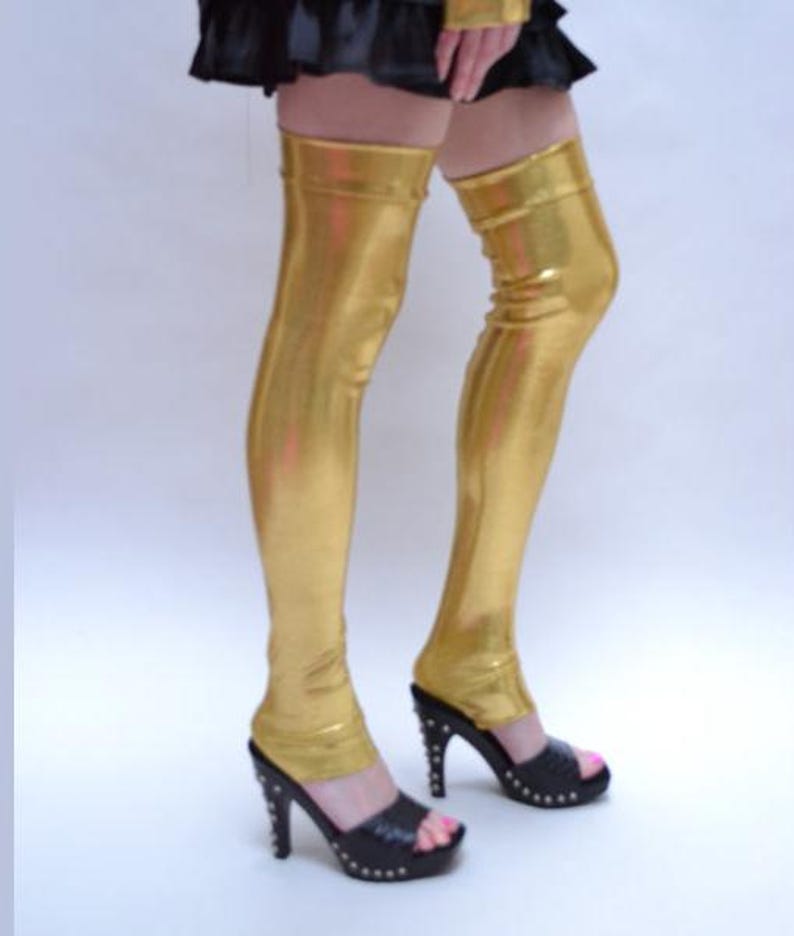 Black Spandex Leggings Holographic Leg Warmers Costume Knee Socks Rave Boot Covers Club Clothing Gogo Dancer Burlesque Wetlook TRIXY XCHANGE Gold