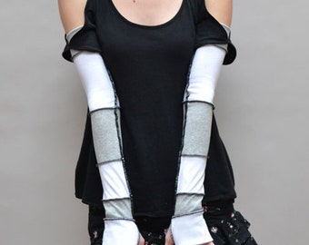 Gray Patchwork Gloves Long Fingerless Gloves White Arm Warmers Red Arm Covers Goth Costume Apocalypse Clothing Texting Typing TRIXY XCHANGE
