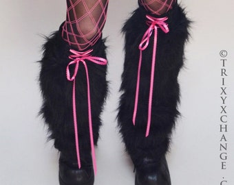 Black Fur Legwarmers Pink Leg Warmers Green Lace Up Pants White Corset Leggings Boot Covers with Bows Fuzzy Leg Covers Rave -TRIXY XCHANGE