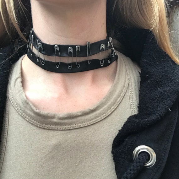 Black Safety Pin Necklace Faux Leather Choker Gothic Wedding