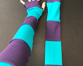 Long Striped Gloves Turquoise Blue Hand Warmers Purple Armwarmers Patchwork Arm Sleeves Scar Covers Cosplay Costume Anime Rave TRIXY XCHANGE