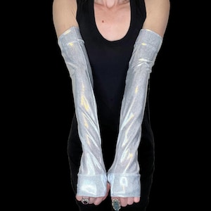 Long Silver Arm Warmers Stretchy Fingerless Gloves Long Gloves Silver Elbow Fingerless Gloves Cosplay Costume Gloves Anime Diy TRIXY XCHANGE