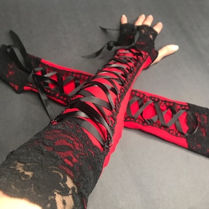 Christmas Gloves Long Red Corset Gloves Red Lace Up Gloves Red Lace Up Arm Warmers Black Lace Arm Covers Opera Length Gloves - TRIXY XCHANGE