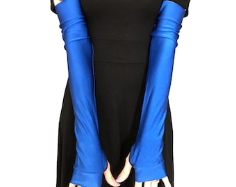 Royal Blue Costume Gloves Womens Cosplay Outfit Spandex Arm Warmers Stretchy Sleeves Elbow Length Armwarmers Pvc Look Covers - TRIXY XCHANGE