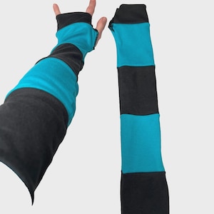 Long Striped Gloves Turquoise Blue Hand Warmers Black Armwarmers Patchwork Arm Sleeves Sun Protection UV Picc Line Covers - TRIXY XCHANGE