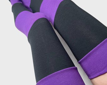 ORGANIC COTTON Over the Knee Socks Purple Black Striped Leg Warmers Patchwork Legwarmers Upcycled Look Long Thigh Highs Covers Trixy Xchange