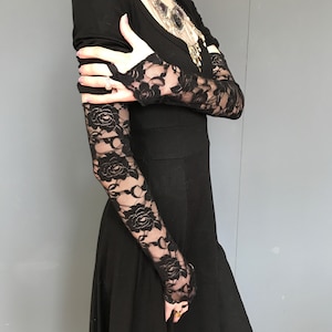 Black Lace Gloves Long Arm Warmers Covers Steampunk Cosplay Costume Gothic Wedding Goth Outfit Gloves with Finger Loops - TRIXY XCHANGE image 3