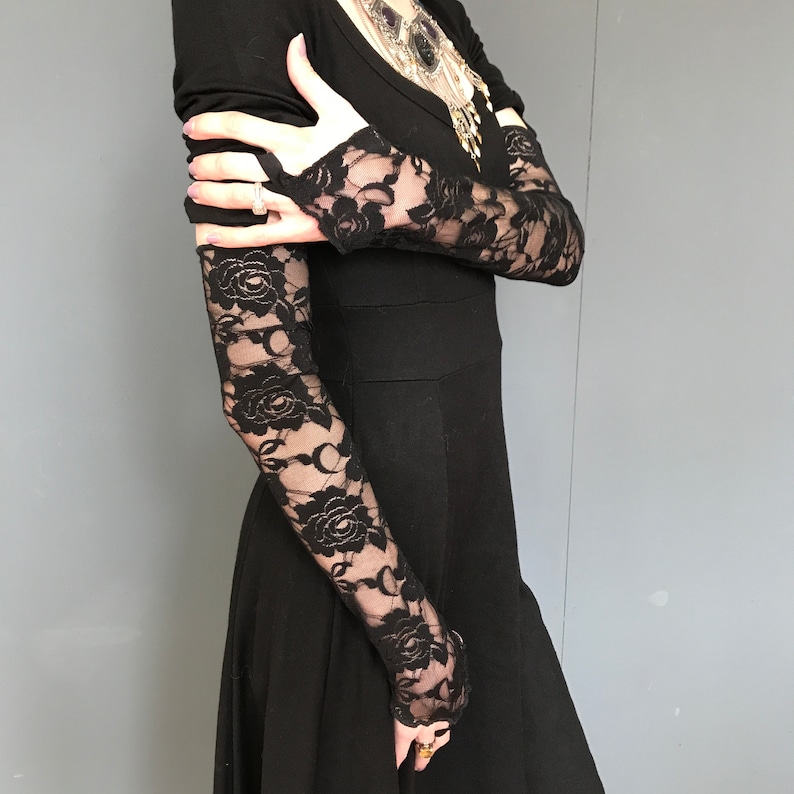 Black Lace Gloves Long Arm Warmers Covers Steampunk Cosplay Costume Gothic Wedding Goth Outfit Gloves with Finger Loops - TRIXY XCHANGE image 3