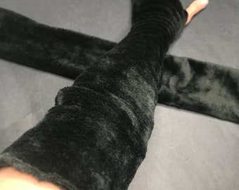 Black Fuzzy Gloves Fleece Arm Warmers Long Fur Fingerless Gloves Soft Hand Warmers with Thumb Holes Warm Eczema Thermal Cuff - TRIXY XCHANGE