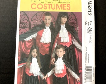 McCalls Sewing Pattern M5212 Small Medium Large XL Mens Halloween Vampire Costume Womens Cape Girls Top Boys Neck Tie Vest - TRIXY XCHANGE