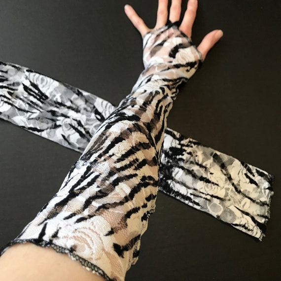 Black Lace Arm Warmers White Zebra Gloves Finger Loop Arm Covers