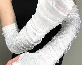 White Straight Jacket Bandage Arm Covers Frankenstein Bride Halloween Costume Ruffle Fingerless Gloves Striped Arm Warmers - TRIXY XCHANGE