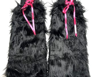 Corset Leg Warmers Lace Up Pants Fuzzy Boot Covers Black Fur Legwarmers Rave Clothing Cosplay Costume Raver Outfit Handmade - TRIXY XCHANGE