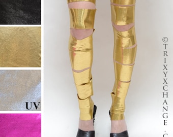 Gold Leggings Metallic Leg Warmers Cut Out Pants Slashed Spandex Leggings Holographic Clothing Cyber Outfit Super Hero Shiny - TRIXY XCHANGE