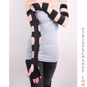Black Cut Out Gloves Long Black Gloves Black Arm Warmers PVC Gloves Cyber Goth Clothes Edm Clothing Womens Cage Gloves Mens - TRIXY XCHANGE