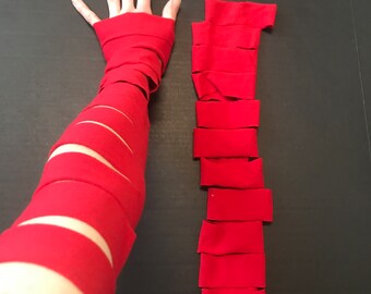 Ripped Arm Warmers Long Fishnet Gloves Lace Up Gloves Black Fingerless Gloves Red Slashed Gloves Long Costume Gloves Cut Out - TRIXY XCHANGE