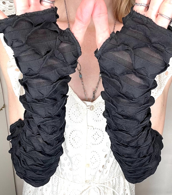 Womens Mermaid Costume Black Ruffle Arm Warmers Sheer Gloves Fish Scale Cosplay Outfit Arm Sleeves Balletcore Mermaidcore - TRIXY XCHANGE