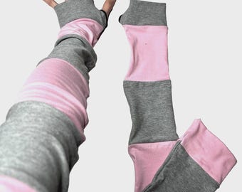 Long Striped Gloves Baby Pink Hand Warmers Black Armwarmers