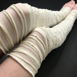 Cream White Mummy Leg Warmers Ruffle Knee Socks Bandage Pants Halloween Costume Over the Knee Zombie Thigh Highs Ivory Striped TRIXY XCHANGE