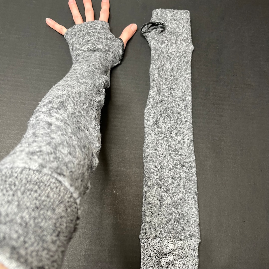 Long Gray Fuzzy Arm Warmers Soft Gloves Sleep Hand Covers Upcycled