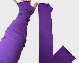 Handmade Long Arm Warmers Purple Cotton Jersey Fabric Arm Sleeves Covers Driving Gloves UV Protection Texting Compression - TRIXY XCHANGE