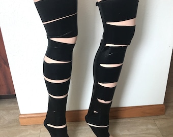 Black Holographic Leg Warmers Metallic Leggings Cut Out Pants Slashed Spandex Legwarmers Cyber Goth Clothing Rave Outfit - TRIXY XCHANGE