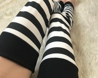 Black Striped Leg Warmers White Over the Knee Socks Handmade Boot Toppers Jersey Leggings Goth Thigh Highs Handmade Stocking - TRIXY XCHANGE