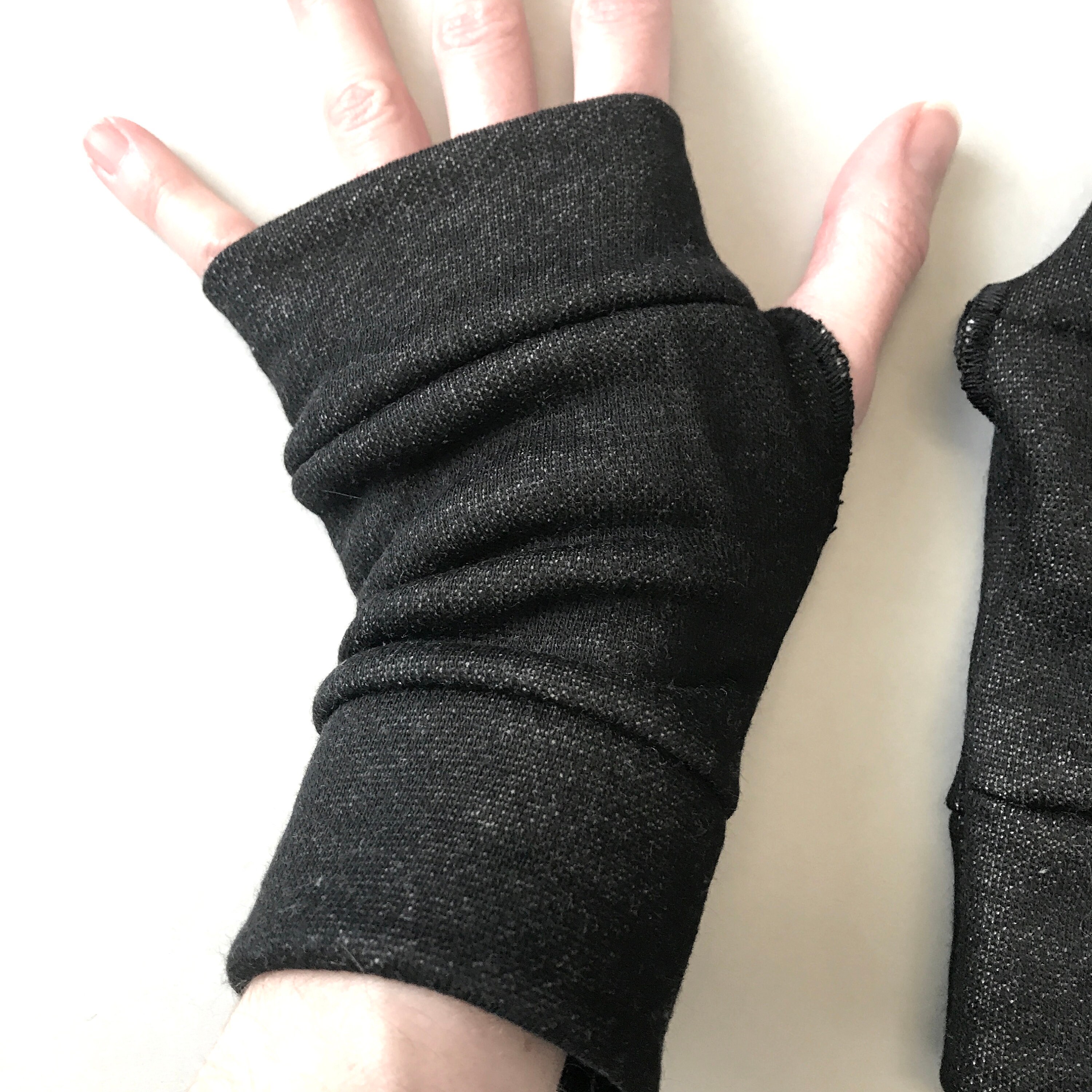 Black Arm Sleeves Mens Fingerless Gloves Fleece Hand Warmers Wrist
