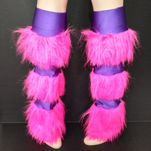 Pink Faux Fur Leg Warmers Fuzzy Purple Fluffies Striped Boot Covers Halloween Costume Rave Leggings Club Outfit Cat Cosplay - TRIXY XCHANGE