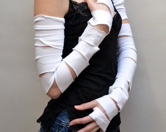 Womens Mummy Costume White Mummy Gloves Handmade Cosplay Outfit Mens Ripped Covers Cut Out Sleeves Plus Size Arm Warmers Cyber TRIXY XCHANGE