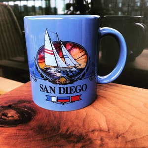 Vintage 90s Ceramic Mug- San Diego- Retro California Gifts- Retro Kitchen Decor- Sail Boat- Sunset