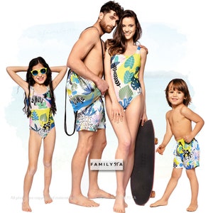 Parent-Child Letter Print Yellow Bathing Suit Couples Siblings Family Matching Open Back Swimsuit Surf Shorts