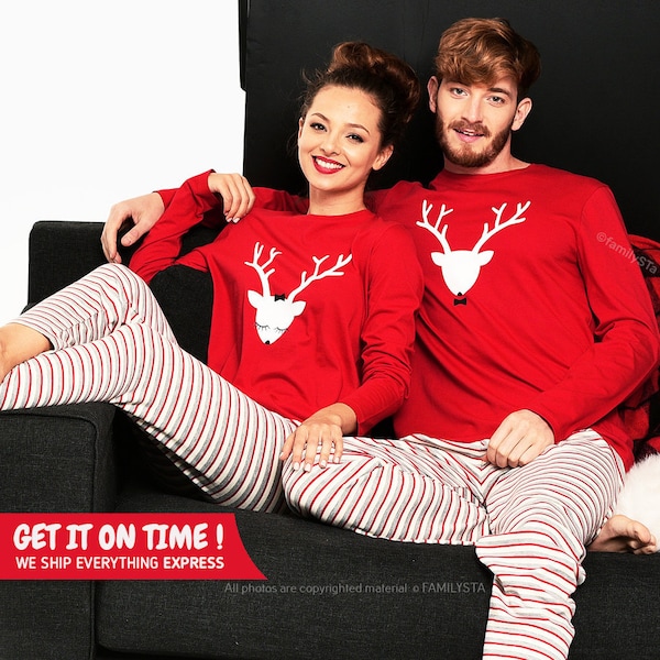 Couple Christmas Pajamas, Holiday Pajamas, Matching Christmas Pajamas, Christmas Pjs Couple, Xmas Jammies, Reindeer Pjs, Xmas Fiance Gift