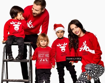 Familie kersttruien, bijpassende familieoutfits Kerstmis, rode kerst familietrui, vakantietruien, Weihnachtspullover Familie, cadeau