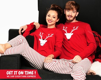 Couple Christmas Pajamas, Holiday Pajamas, Matching Christmas Pajamas, Christmas Pjs Couple, Xmas Jammies, Reindeer Pjs, Xmas Fiance Gift