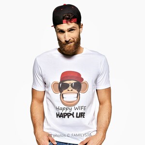Esposa feliz, vida feliz, mono, camiseta divertida, regalo para él, camiseta para hombre, regalo para papá, regalo divertido para hombre, camiseta divertida para esposo, regalo del Día del Padre para esposo