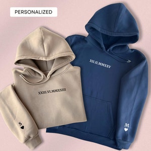 Custom Roman Date Matching Hoodies, Anniversary Year Outfit, Roman Numeral Custom Anniversary Date Couple Hoodies, Sleeve Custom Hoodies