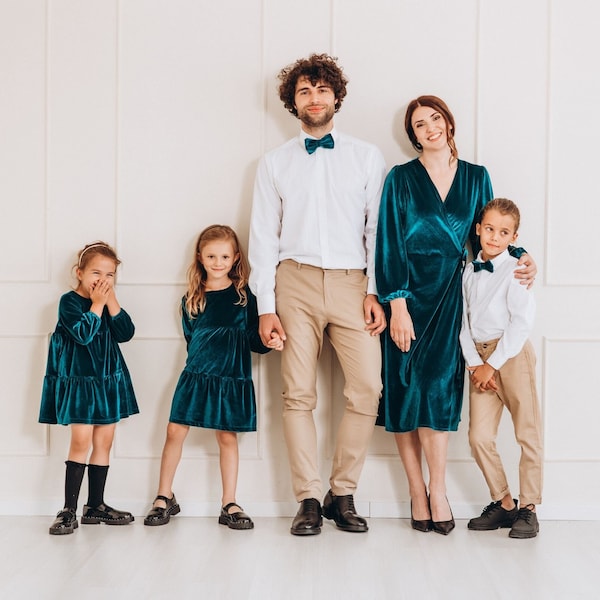 Stylish Wedding Outfits For Family Members, Family Outfits, Matching Formal Clothing for Photoshoot, Mommy And Me Velvet Dress, Father Son