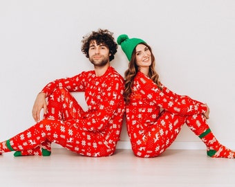 Couple Christmas Pj Sets, Winter Holiday Pajamas, Gift For Couple Unique, Red Christmas Pajamas For Couples, Matching Jammies, Pyjamas