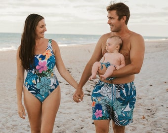 Matching Family Swimsuits, Family Beach Swimwear, Matching Bathing Suits Couple, Vacation Wear, Honeymoon Swimwear, Father Son Swim Set