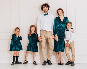 Stylish Wedding Outfits For Family Members, Family Outfits, Matching Formal Clothing for Photoshoot, Mommy And Me Velvet Dress, Father Son