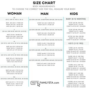 May include: Size chart with body measurements for women, men, and kids. Includes bust, waist, and hip measurements in inches and centimeters. Also includes baby and kid's height and chest measurements in inches and centimeters.