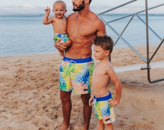 Father Son Matching Tropical Swim Trunks, Dad And Me Swimwear, Gift For Dad, Matching Dad And Son Swimsuits,Dad Swim Trunks,Fathers Day Gift
